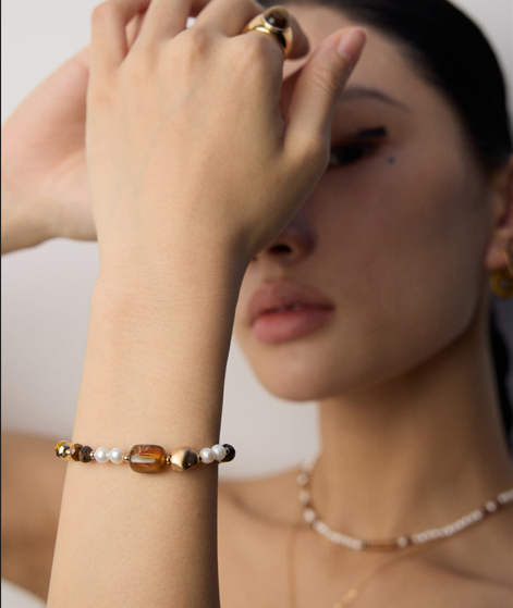 Sterling Silver Pearl & Tiger's Eye Bracelet & Earring | Elegant Wildness with Gold Accents