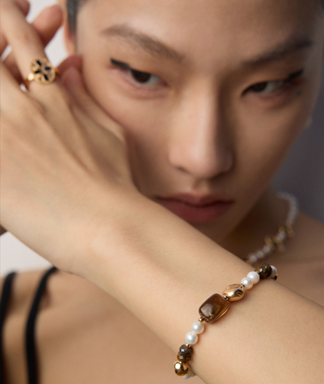 Sterling Silver Pearl & Tiger's Eye Bracelet & Earring | Elegant Wildness with Gold Accents