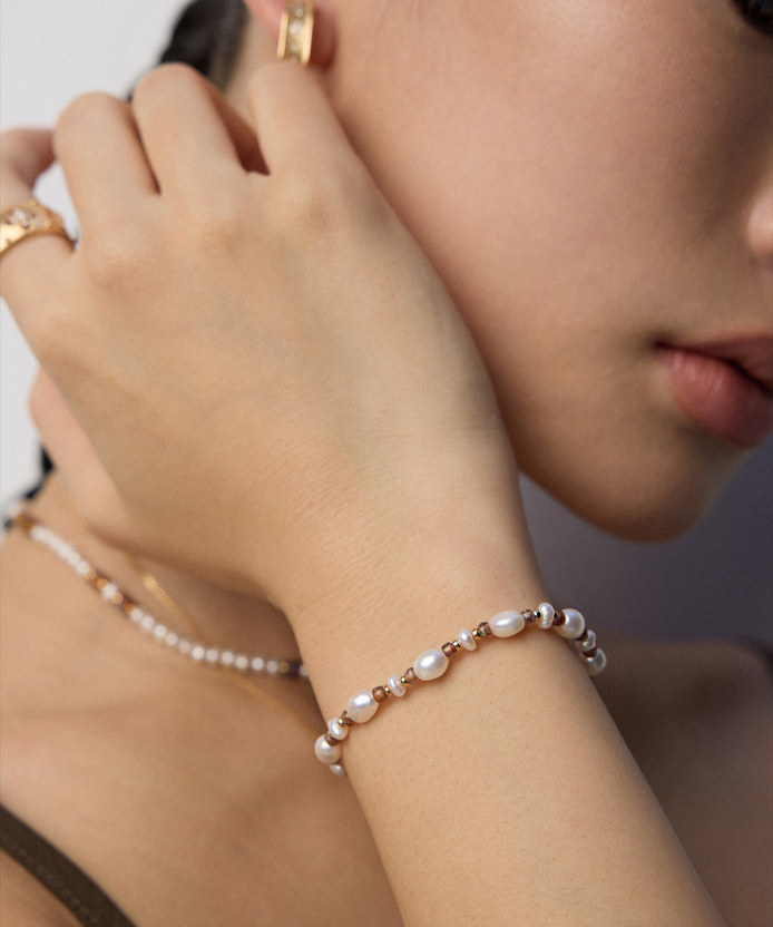 S925 Sterling Silver Fashion Natural Pearl & Glass Bead Bracelet