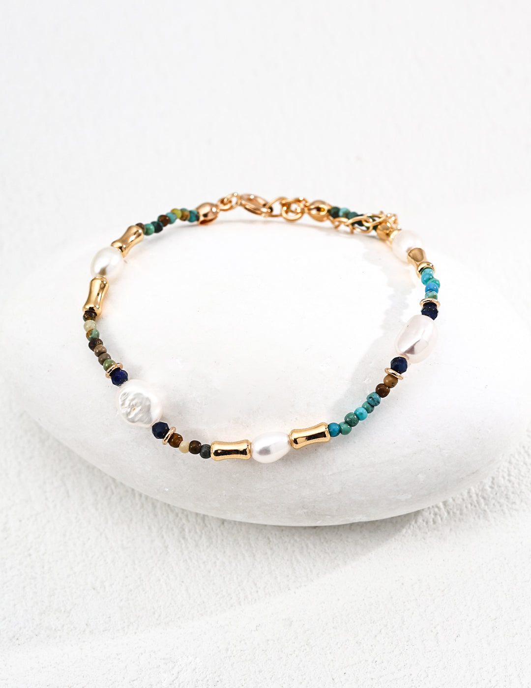 S925 Sterling Silver Vintage Natural Pearl, Lapis Lazuli & Turquoise Necklace & Bracelet Set