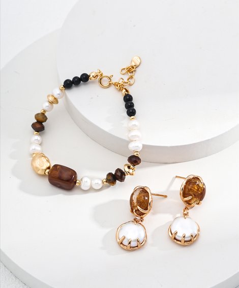 Sterling Silver Pearl & Tiger's Eye Bracelet & Earring | Elegant Wildness with Gold Accents