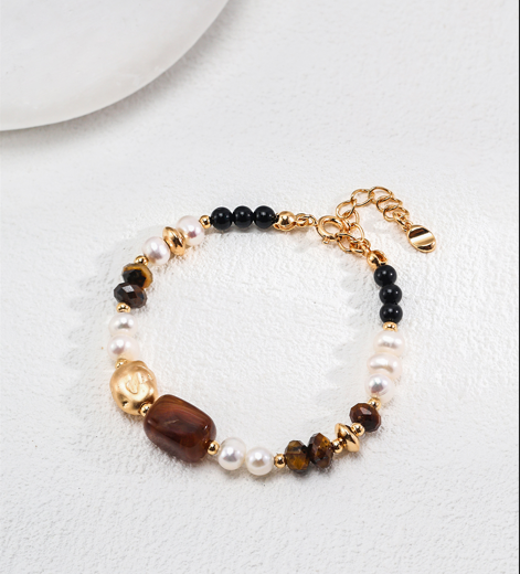 Sterling Silver Pearl & Tiger's Eye Bracelet & Earring | Elegant Wildness with Gold Accents