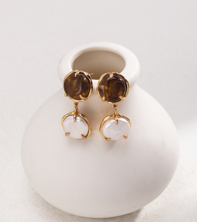 Sterling Silver Pearl & Tiger's Eye Bracelet & Earring | Elegant Wildness with Gold Accents