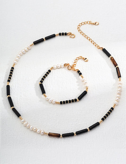 Sterling Silver Pearl & Agate Necklace & Bracelet Jewelry Set