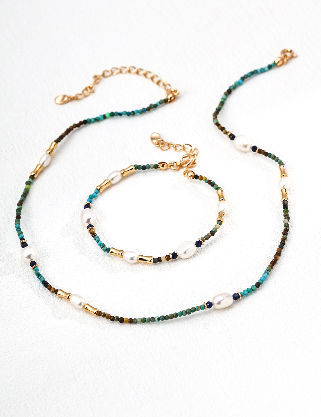 S925 Sterling Silver Vintage Natural Pearl, Lapis Lazuli & Turquoise Necklace & Bracelet Set
