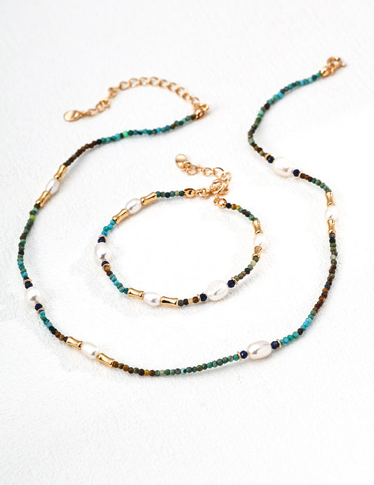 S925 Sterling Silver Vintage Natural Pearl, Lapis Lazuli & Turquoise Necklace & Bracelet Set