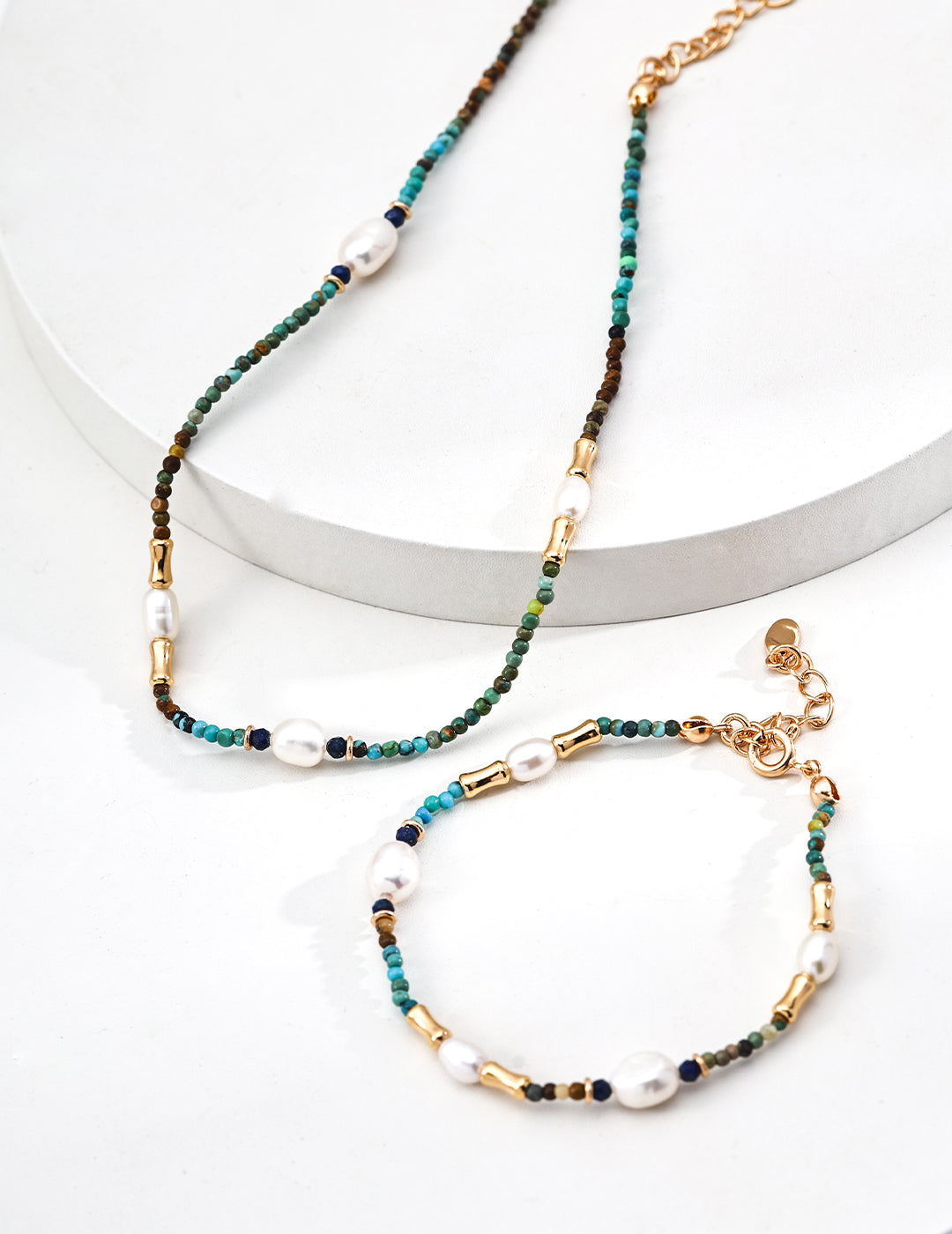 S925 Sterling Silver Vintage Natural Pearl, Lapis Lazuli & Turquoise Necklace & Bracelet Set