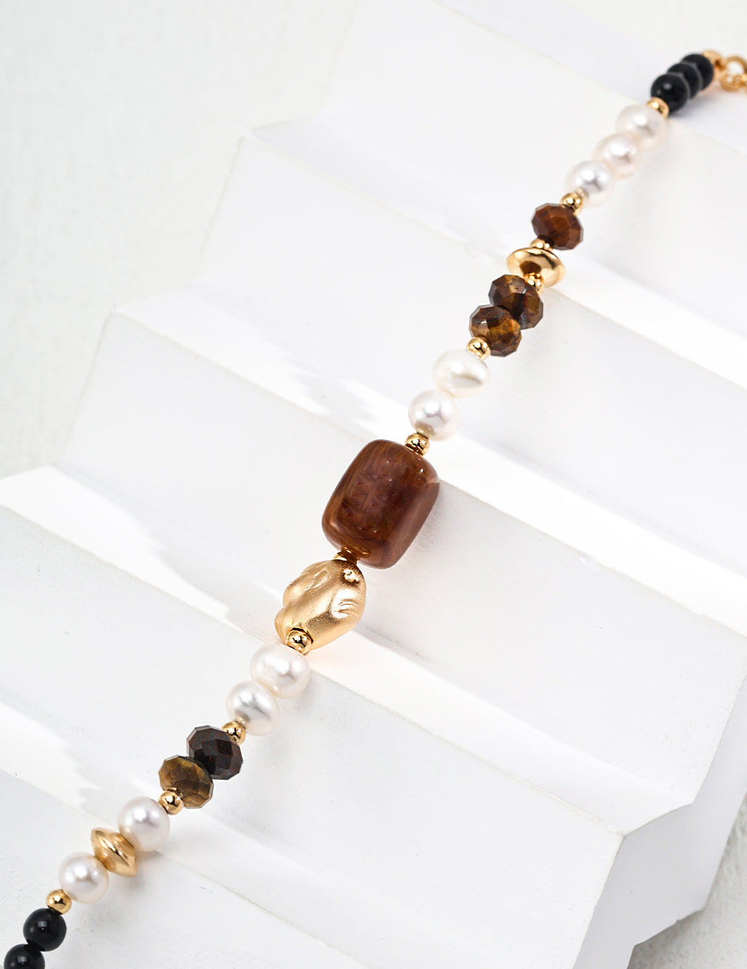 Sterling Silver Pearl & Tiger's Eye Bracelet & Earring | Elegant Wildness with Gold Accents