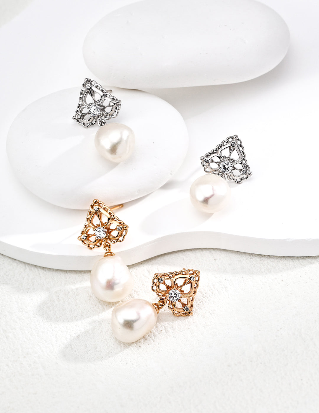 S925 Silver Natural Pearl & Cubic Zirconia Earring Necklace Jewelry Set