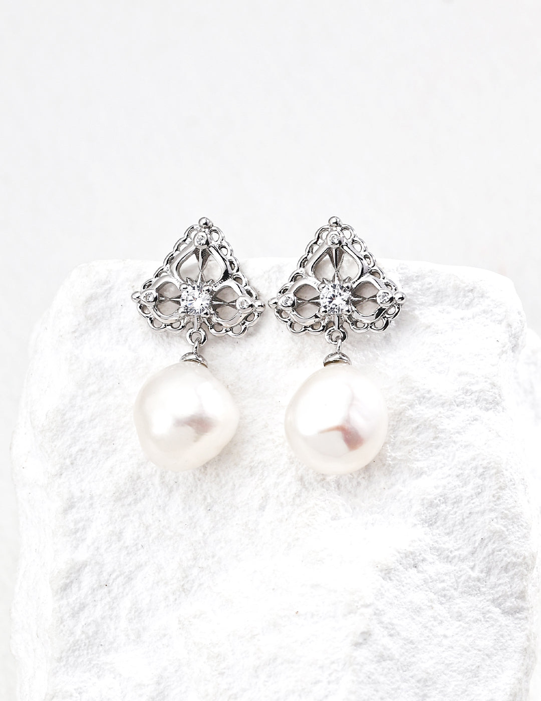 S925 Silver Natural Pearl & Cubic Zirconia Earring Necklace Jewelry Set