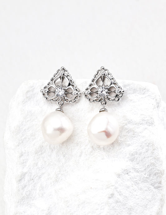 S925 Silver Natural Pearl & Cubic Zirconia Earring Necklace Jewelry Set