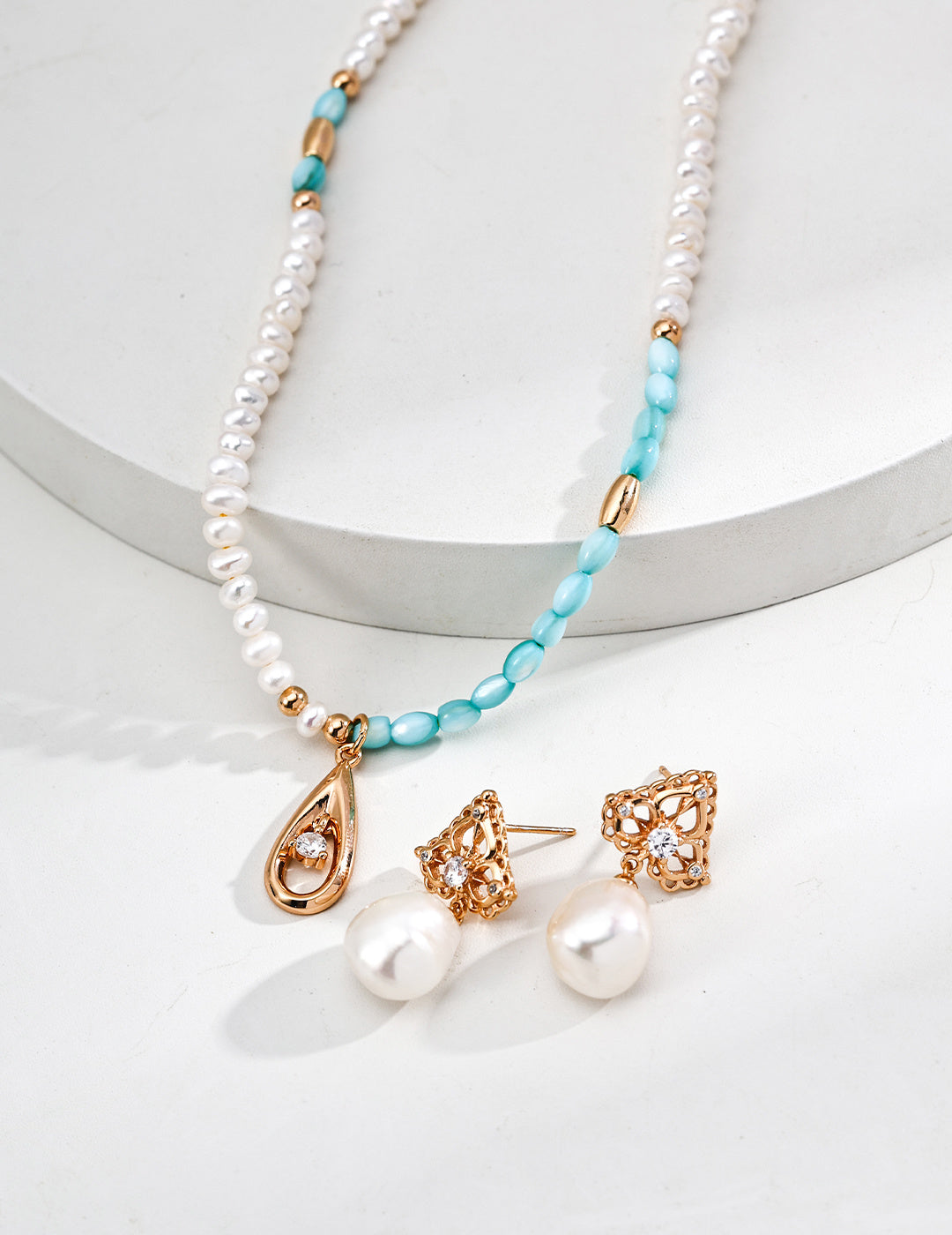 S925 Silver Natural Pearl & Cubic Zirconia Earring Necklace Jewelry Set